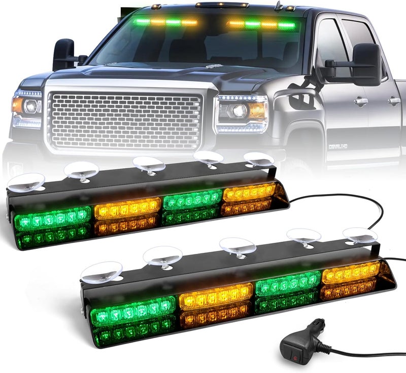 HLauto 6Z4J Emergency Dash Strobe Lights: 2x16.8 inch Green Amber Safety Lights, 48 LED Flashing Warning Hazard Interior Windshield Visor Traffic Light Bar for Trucks, Construction Vehicles - Image 1